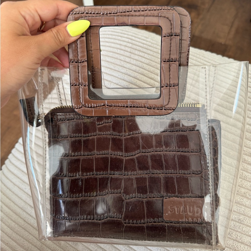 Staud Stadium Mini Shirley Tote with PVC and Croc Embossed brown leather